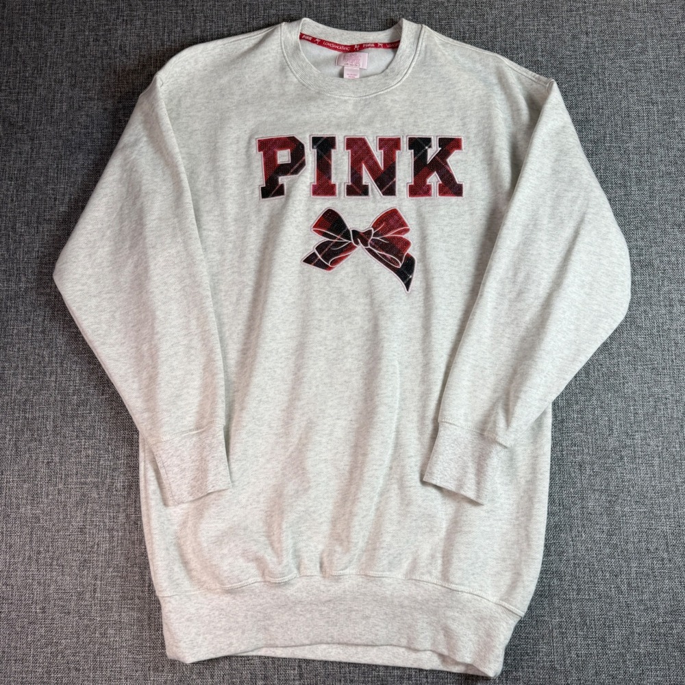 PINK Sweatshirt Women Grey Love Shack Fancy Plaid Sequin Bow | XS